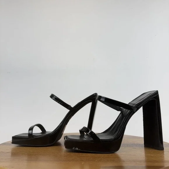 Womens Jeffrey Campbell Hustler Black Patent Leather Heel Slide Sandals Size 9 - Picture 2 of 9